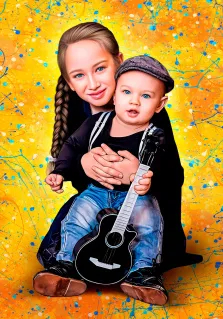 Детский портрет в стиле Дрим арт на абстрактном жёлтом фоне, голубоглазая девочка с косой и голубоглазый мальчик в синих джинсах с подтяжками, в кепке и с укулеле в руке, художник Анастасия 
