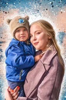 Семейный портрет мамы с маленьким сыном в стиле Дрим арт, светловолосая девушка в фиолетовом пальто и мальчик в синей куртке и шапке с ушками,  художник Олеся 