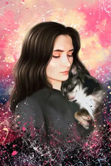 Женский портрет в стиле Дрим арт, девушка брюнетка держит на руках маленькую собаку, фон выполнен в ярких тонах, художник Анастасия 