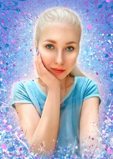 Дрим арт портрет голубоглазой девушки блондинки в голубой футболке выполнен на абстрактном фоне, художник Анастасия 