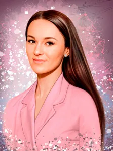 Женский портрет в стиле Дрим арт: кареглазая девушка с длинными каштановыми волосами в розовом халате на абстрактном розоватом фоне, художник Мария 