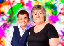 Семейный портрет внука и бабушки в стиле Дрим арт на разноцветном фоне, художник Анастасия 