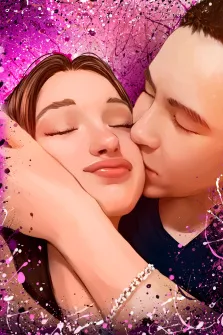 Парный Дрим арт портрет, молодой человек целует русоволосую девушку в щёку, пара изображена на абстрактном фиолетовом фоне с эффектом брызг, художник Мария 