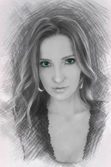 Портрет зеленоглазой девушки серым карандашом, художник Ирина