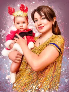 Семейный портрет в стиле Дрим арт: кареглазая девушка в жёлтой футболке держит на руках маленькую дочь в новогоднем костюме, художник Мария 