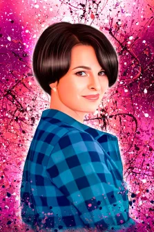 Женский портрет в стиле Дрим арт, девушка в синей рубашке в клетку и с короткой стрижкой изображена на абстрактном фиолетовом фоне, художник Ольга 