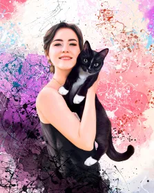 Портрет девушки с котом на руках на ярком цветном фоне в стиле Дрим арт, художник Артём