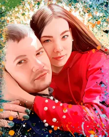Парный Дрим арт портрет, кареглазый молодой человек и девушка в красной кофте изображены на ярком фоне, художник Александра 