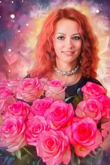 Женский Дрим арт портрет: рыжеволосая девушка с голубыми глазами и с букетом роз изображена на ярком фиолетовом фоне, художник Виктория 