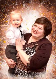 Семейный портрет в стиле Дрим арт: бабушка держит на руках маленького внука, фон выполнен в ярких коричневых тонах, художник Ольга 