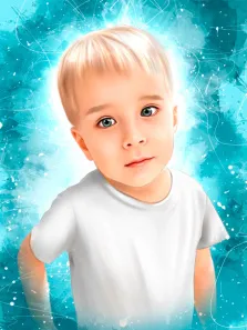 Портрет светловолосого мальчика на ярком синем фоне в стиле Дрим арт, художник Виктория 