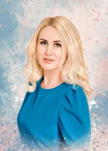 Портрет женщины блондинки в синем платье в стиле Дрим арт на абстрактном бело-синем фоне, художник Ольга 