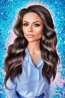 Портрет кареглазой девушки с русыми волнистыми волосами в стиле Дрим арт на ярком голубом фоне, художник Мария 