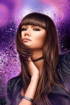 Портрет девушки с каштановыми волосами с чёлкой в стиле Дрим арт на абстрактном фиолетовом фоне, художник Анастасия 