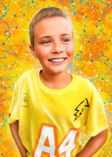 Детский Дрим арт мальчика в жёлтой футболке на ярком жёлтом фоне, художник Анастасия