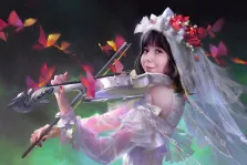 Фэнтези, художник Антонина, девушка со скрипкой в белом платье, с бабочками и цветами