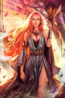 Женский портрет в стиле Фэнтези, девушка с ярко-рыжими волосами и в сером платье, художник Анастасия 