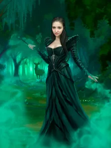 Женский портрет в стиле Фэнтези, голубоглазая девушка с тёмными волосами одета в платье изумрудного цвета и держит волшебную палочку в руке, художник Валерия 