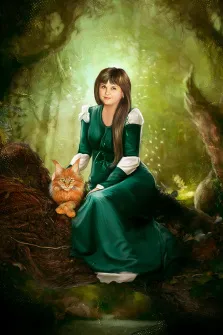 Женский портрет в стиле Фэнтези, девушка в зелёном платье сидит в дремучем лесу рядом с рыжим котом, художник Павел 