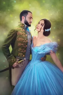 Парный портрет в стиле Фэнтези: девушка в голубом платье в образе принцессы и молодой человек с бородой в костюме изумрудного цвета в образе принца, художник Антонина