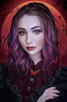 Портрет девушки с фиолетовыми волосами и красными глазами в мрачном Фэнтези стиле, художник Антонина