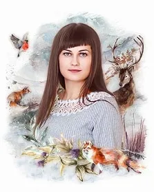 Flower Art портрет девушки с серыми глазами на светлом фоне с дикими животными, художник Ольга