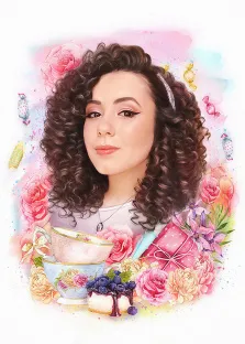 Flower Art, художник София, женский портрет в окружении цветов и конфет
