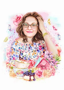 Flower Art портрет женщины в очках и разноцветном светлом платье, художник Ольга