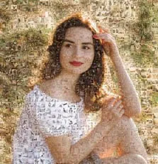 Фотомозаика кареглазой девушки в белом летнем платье, художник Анна
