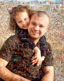 Семейный портрет в стиле Мозаика, молодой человек в чёрной поло рубашке и девочка у него на плечах, художник Ирина