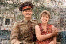 Парный портрет в стиле Мозаика, мужчина в военной парадной форме и девушка в красном платье, художник Ирина