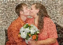 Фотомозаика для молодой целующейся пары, в руках у девушки букет цветов, художник Анна