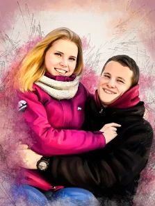 Парный портрет в стиле Гранж, девушка блондинка в розовой куртке и молодой человек в чёрной куртке на абстрактного фона, художник Павел 