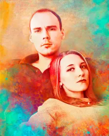 Парный портрет в стиле Гранж, молодой человек и девушка в разноцветных тонах на цветном фоне, художник Павел 