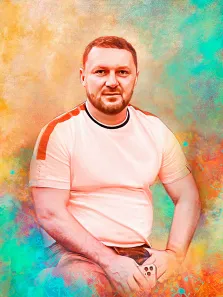 Мужской портрет в стиле Гранж, бородатый мужчина в белой футболке с телефоном в руке, художник Павел 