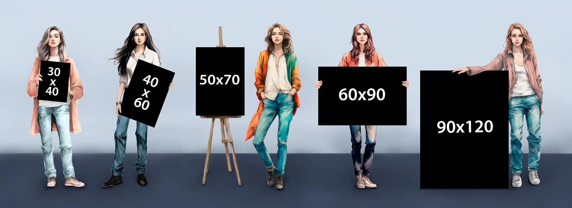 5 девушек держат в руках полотна на которых написаны размеры картин: 30 на 40 см, 40 на 60 см, 50 на 70 см, 60 на 90 см, 90 на 120 см.
