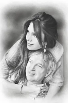 Парный портрет серым карандашом, девушка обнимает мужчину, художник Антонина