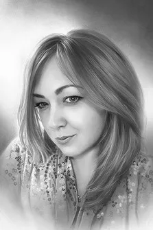Портрет женщины в блузке с узорами цветов и выполнен в стиле под карандаш, художник Антонина