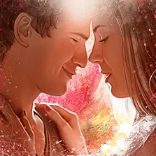 Портрет влюбленной пары в стиле Комикс, девушка и молодой человек изображены в профиль, пара соприкоснулась лбами, девушка положила парню на плечо руку