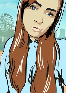 Портрет светловолосой девушки в голубой кофте под комикс в стиле GTA, художник Олеся