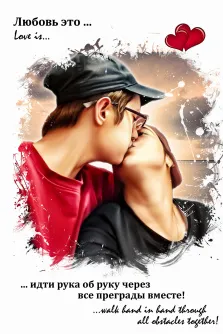Love Is, художник Юлия, портрет целующейся пары в кепках