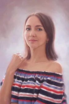Портрет женщины на бежевом фоне под живопись маслом