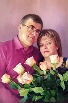 Портрет пары с цветами на фиолетовом фоне под масло в технике сухая кисть