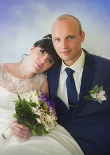 Портрет пары по свадебной фотографии под масло в технике сухая кисть