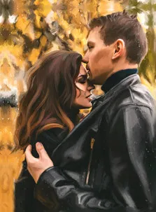 Портрет молодой пары под масло: молодой человек в кожаной куртке и девушка с каштановыми волосами изображены на осеннем фоне, художник Александра