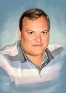 Мужской портрет выполненный маслом, русый мужчина в полосатой поло рубашке, художник Анастасия 