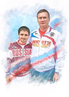 Мужской портрет в стиле акварель, двое мужчин в спортивных куртках на нейтральном синем фоне, художник Евгения 
