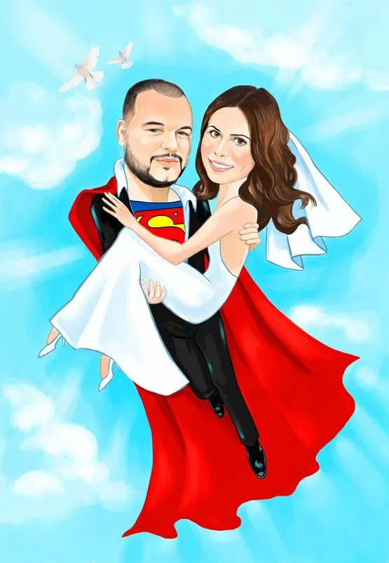 Свадебный шарж по фото с женихом и невестой в образе супергероев