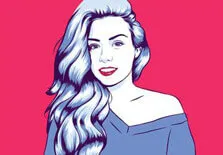 Поп-арт портрет в стиле Че девушки со светлыми волосами на малиновом фоне
