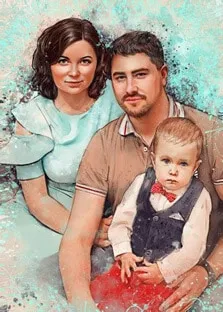 Портрет семьи из трёх человек в стиле Дрим-Арт: мама в светло-голубом платье, отец в коричневой поло-рубашке и маленький сын в белой рубашке, серой жилетке и с красным бантиком, художник Ирина